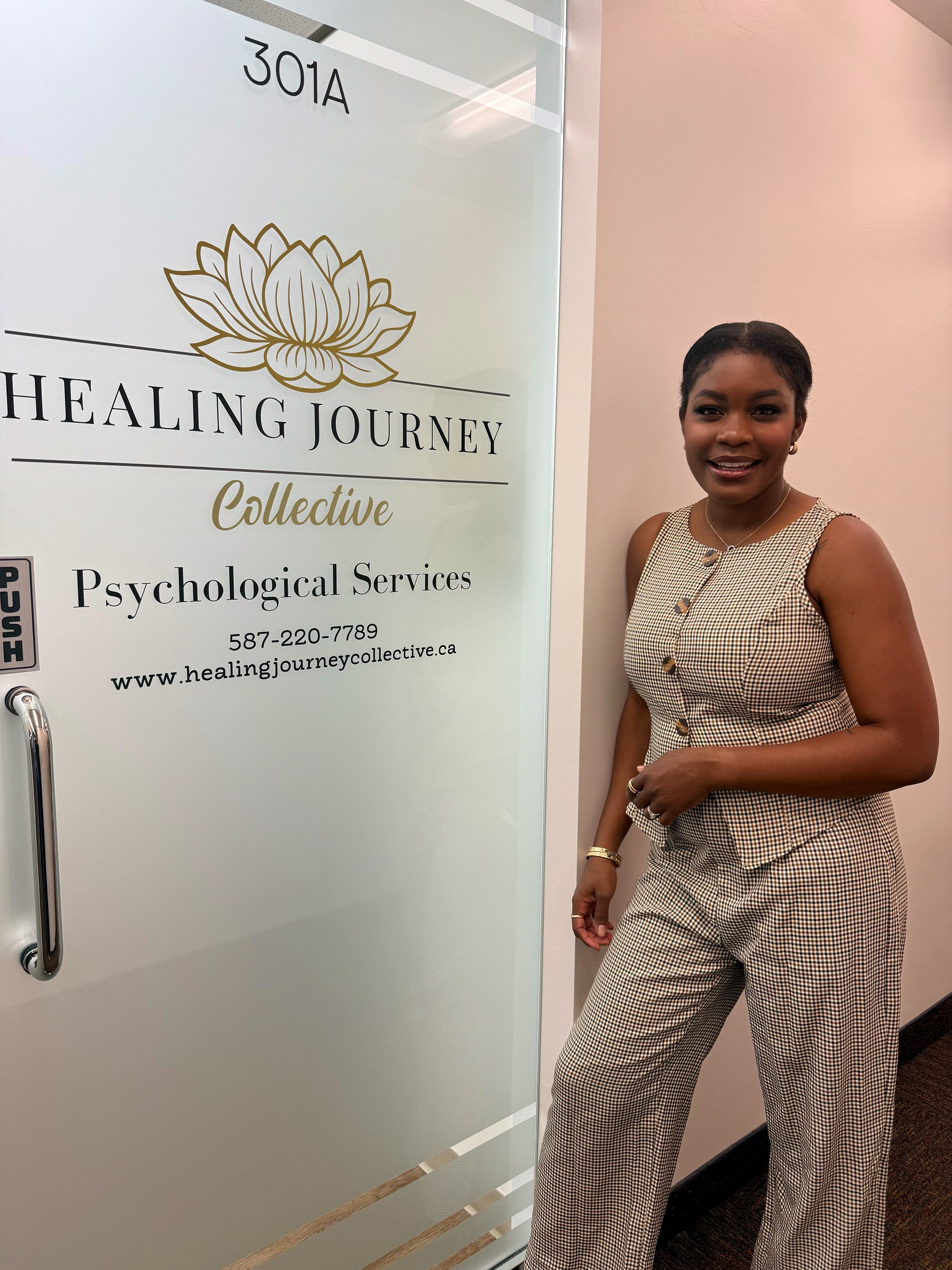 A welcoming team member at the Healing Journey Collective office entrance