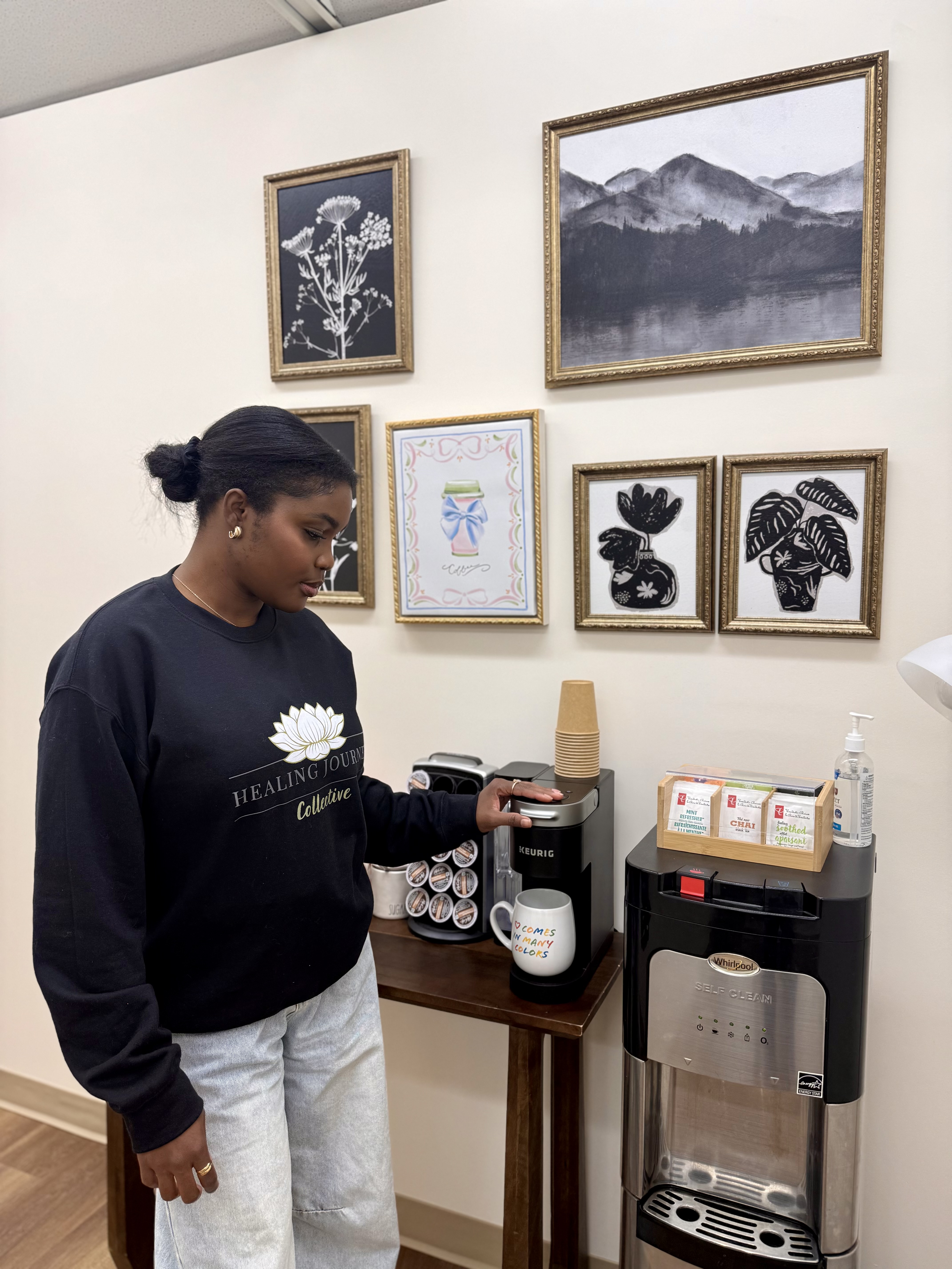 Lobby refreshment station with coffee, tea, and water